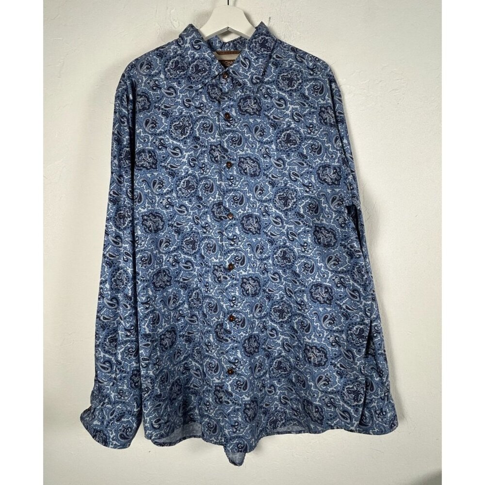 Michael Kors Mens Blue White Paisley Silk Cotton Button-Up Shirt XL Long Sleeve
